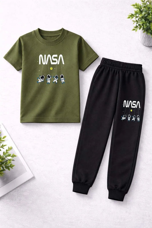 Boys green printed cotton shirt and trouser set, soft breathable outfit for kids casual wear daily use and summer comfort