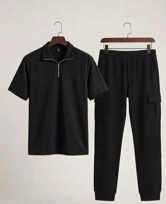 Men black dri fit 2pc tracksuit with ban collar shirt and trousers for casual wear travel and daily summer use in Pakistan