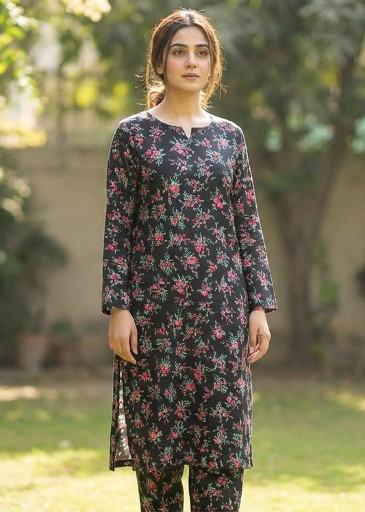 Black printed polo cotton 2 piece suit for women casual wear soft breathable fabric matching shirt and trouser set
