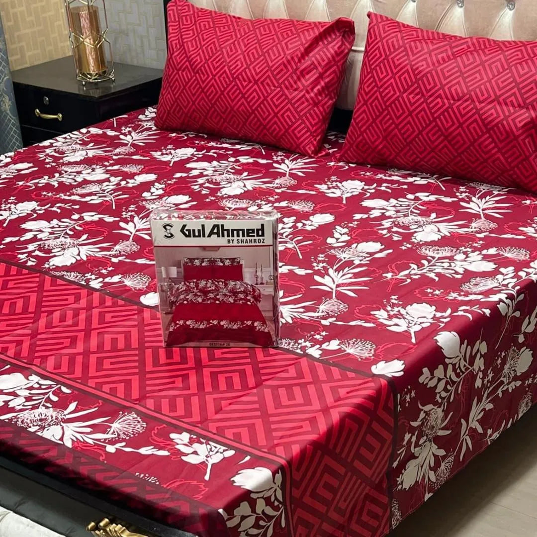 Red cotton salonica printed bedsheet 3pc double bed set with pillow covers soft breathable durable elegant daily bedding