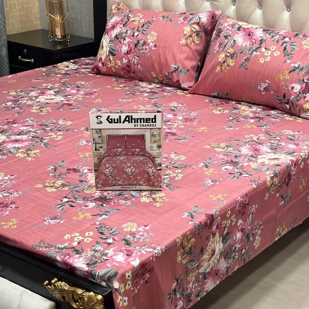 Pink cotton salonica printed bedsheet 3pc double bed set with pillow covers soft breathable durable elegant everyday bedding