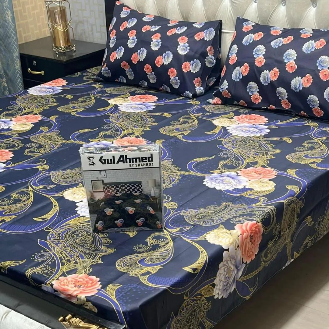 Blue cotton salonica printed bedsheet 3pc double bed set with pillow covers soft breathable durable everyday bedroom bedding