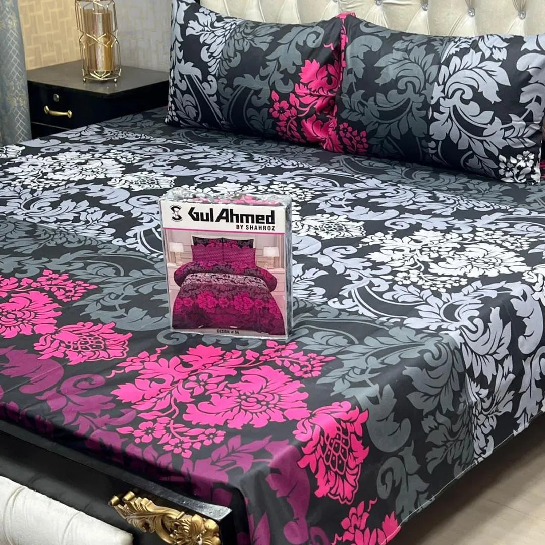 Black cotton salonica printed bedsheet 3pc double bed set with pillow covers soft breathable durable modern home bedding