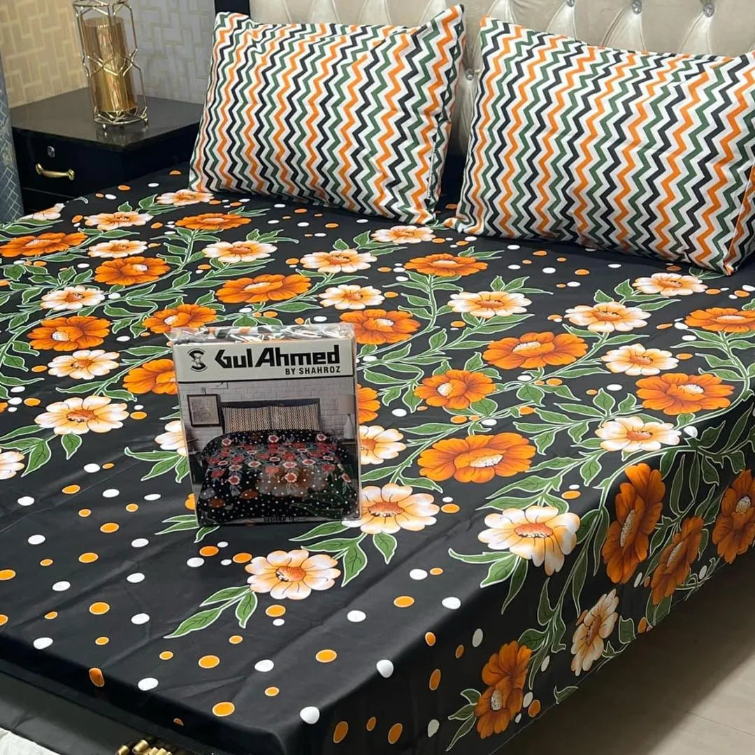 Black cotton salonica printed bedsheet 3pc double bed set with pillow covers soft breathable durable elegant everyday bedding