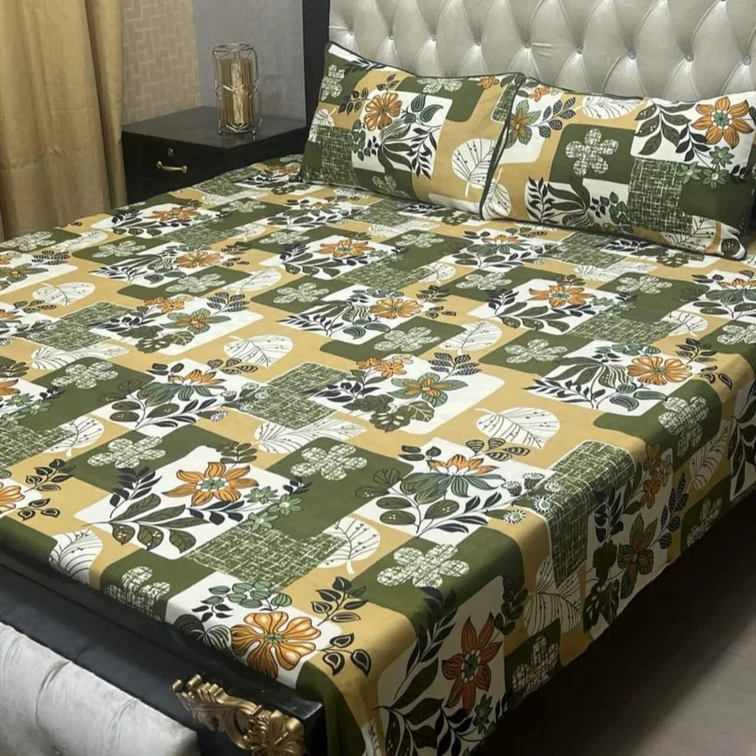 Green crystal cotton printed bedsheet 3pc double bed set with pillow covers soft breathable durable smooth home bedding