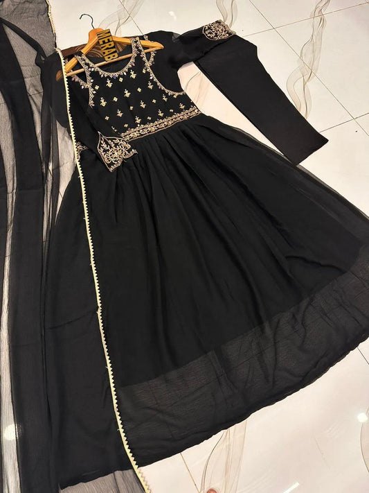 Black chiffon embroidered maxi 3 piece suit for women with dupatta and trouser elegant wedding festive wear outfit
