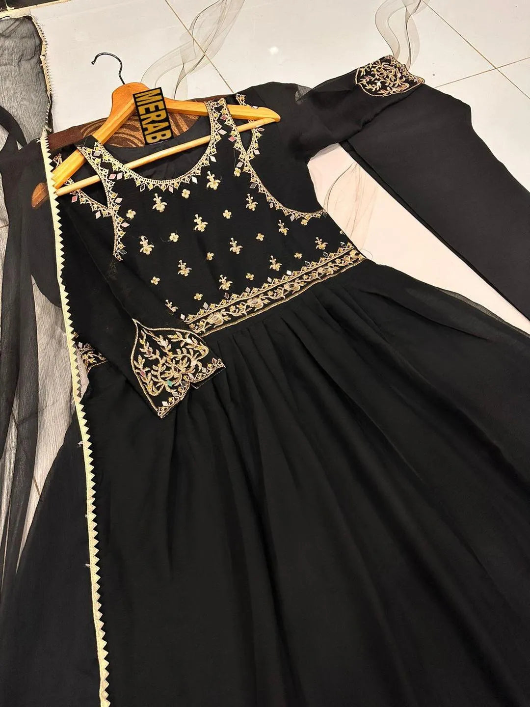 Black chiffon embroidered maxi 3 piece suit for women with dupatta and trouser elegant wedding festive wear outfit