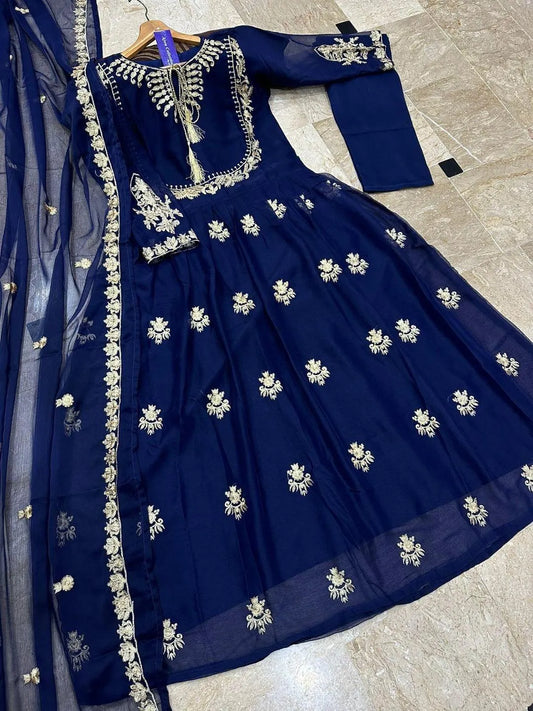 Blue organza embroidered maxi 3 piece suit for women with dupatta and trouser elegant wedding festive wear outfit