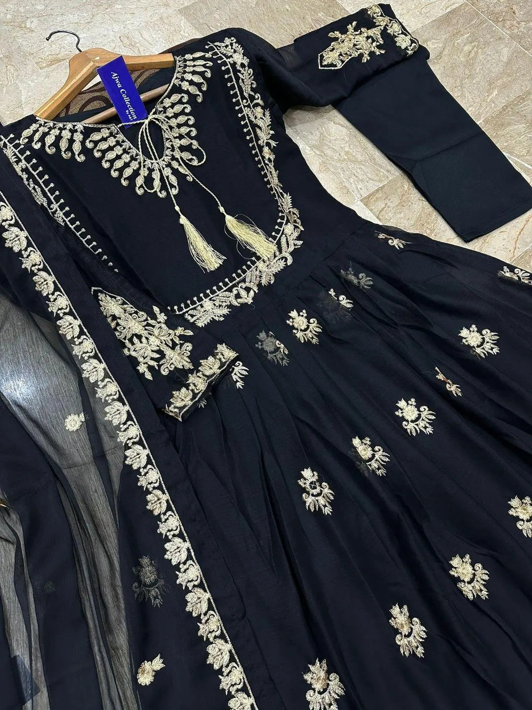 Black organza embroidered maxi 3 piece suit for women with dupatta and trouser elegant wedding festive wear outfit