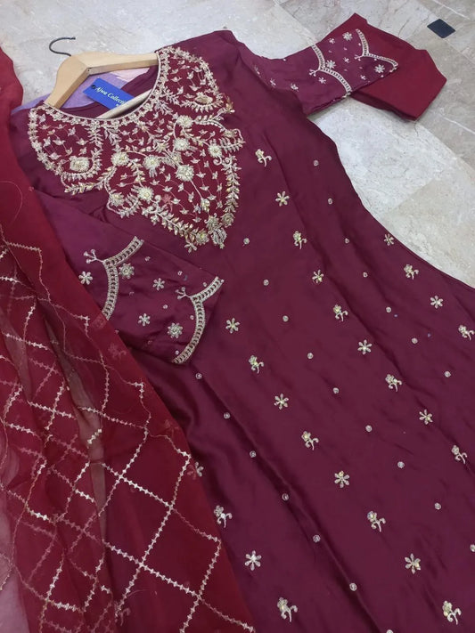 Maroon shamoz silk embroidered maxi 3 piece suit for women with dupatta and trouser elegant wedding party wear outfit