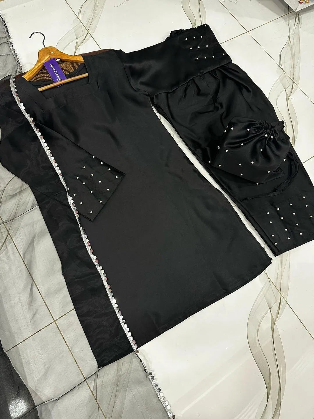 Black shamoz silk 4 piece suit for women with farshi shalwar dupatta and potli elegant festive wear outfit