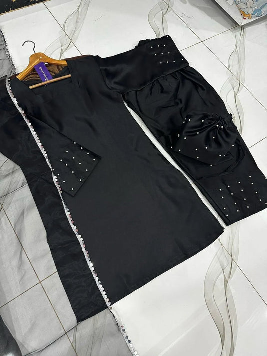 Black shamoz silk 4 piece suit for women with farshi shalwar dupatta and potli elegant festive wear outfit