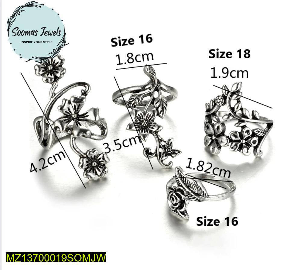 Swift Mart antique flower rings set silver plated 4 pcs women fashion