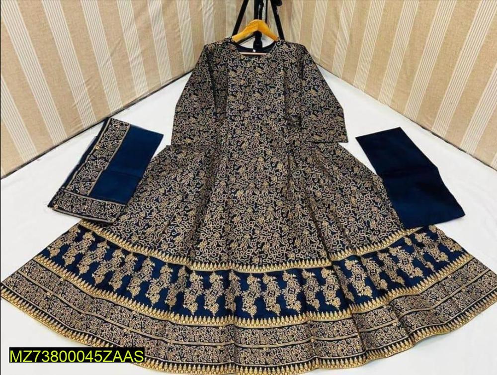 Navy blue katan silk 3 piece suit for women maxi dress with trouser and dupatta elegant festive wear outfit