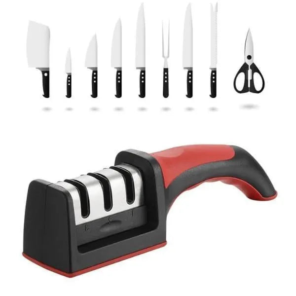 3 stage knife sharpener with handle red kitchen tool, manual blade sharpening system for home use, durable and easy grip design