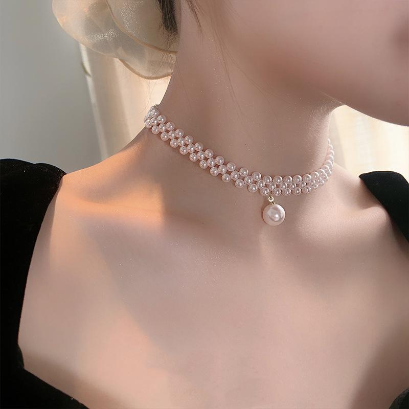 White pearl choker necklace with rhinestones by SwiftMart for women