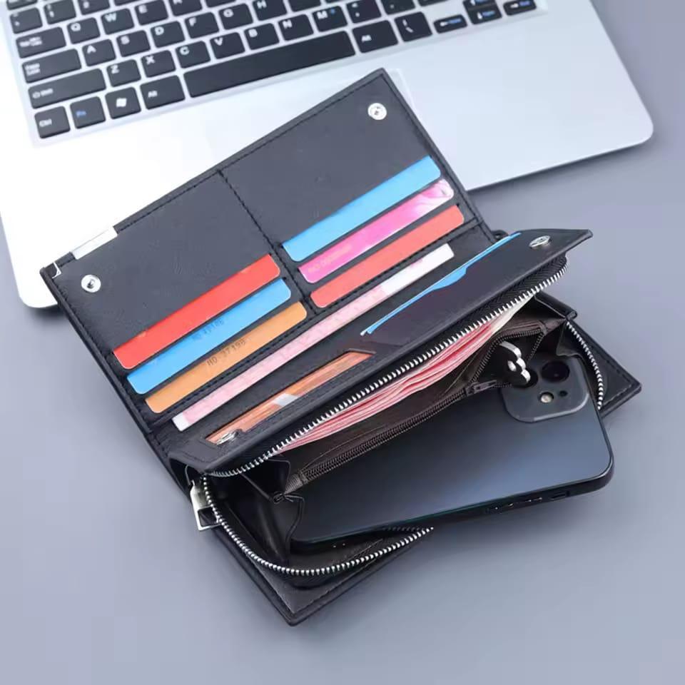 PU leather long wallet unisex with wrist strap, stylish multicolor wallet for men and women for daily use office and travel