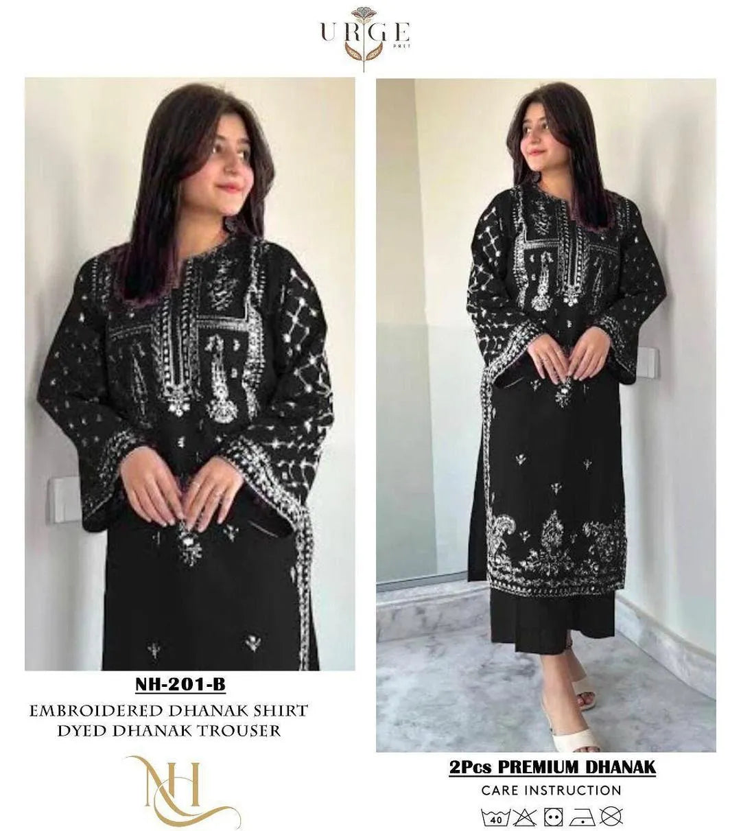 Black embroidered Dhanak 2 piece suit for women elegant winter outfit with detailed embroidery comfortable fabric