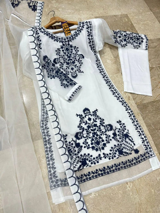 Blue organza embroidered 3 piece suit for women with dupatta and trouser elegant wedding festive wear outfit