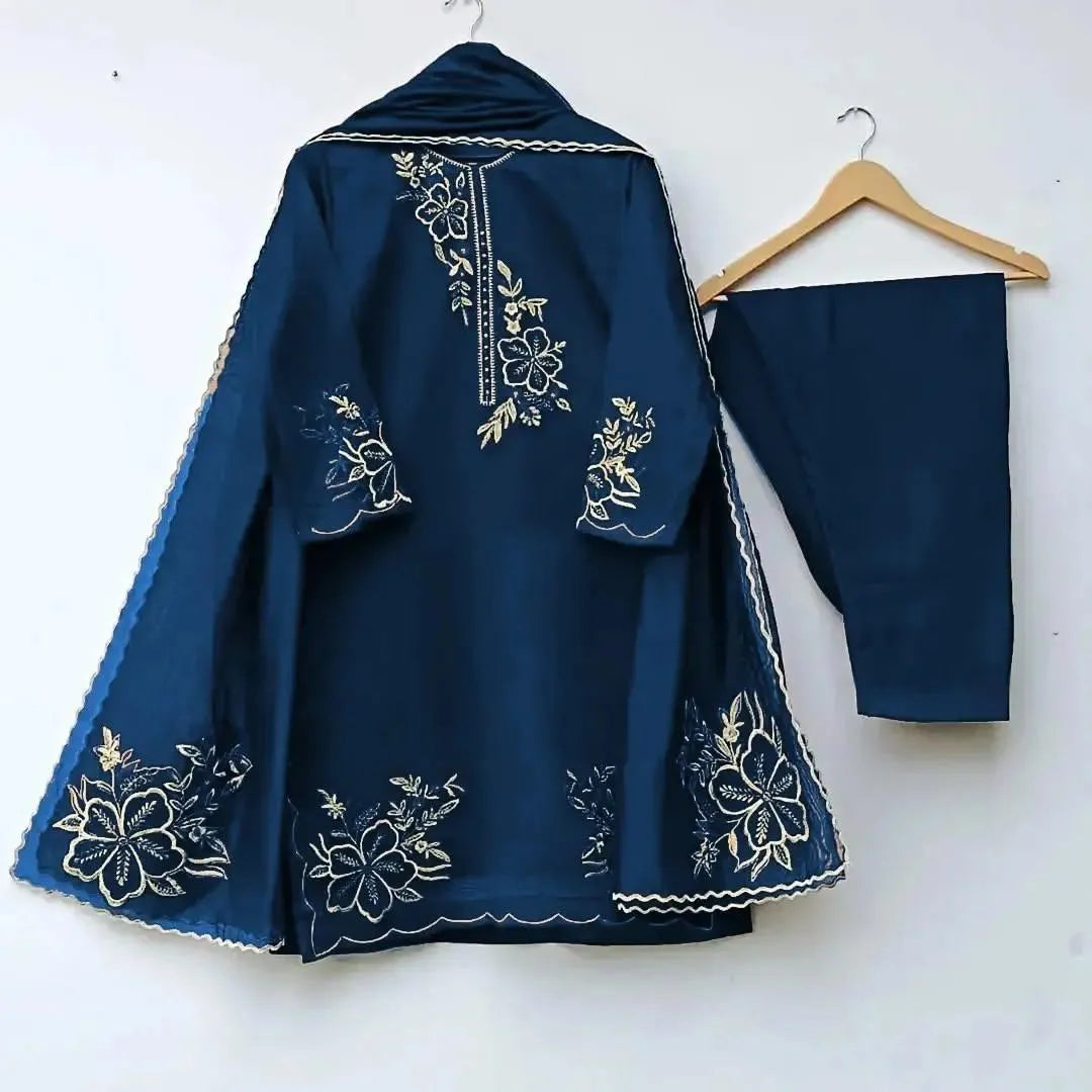 Blue organza embroidered 3 piece suit for women with dupatta and trouser elegant festive wear wedding outfit