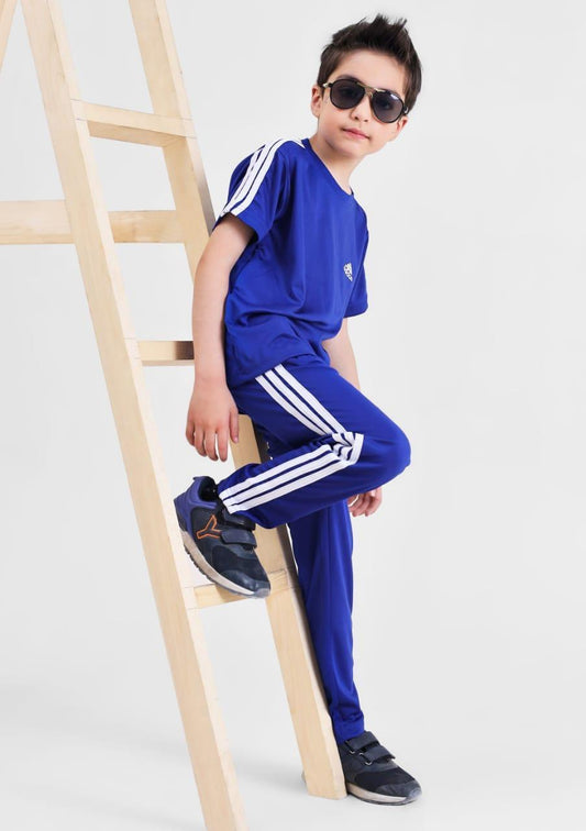 Kids blue micro fabric tracksuit with t shirt and trouser set, breathable summer outfit for boys and girls casual and daily wear