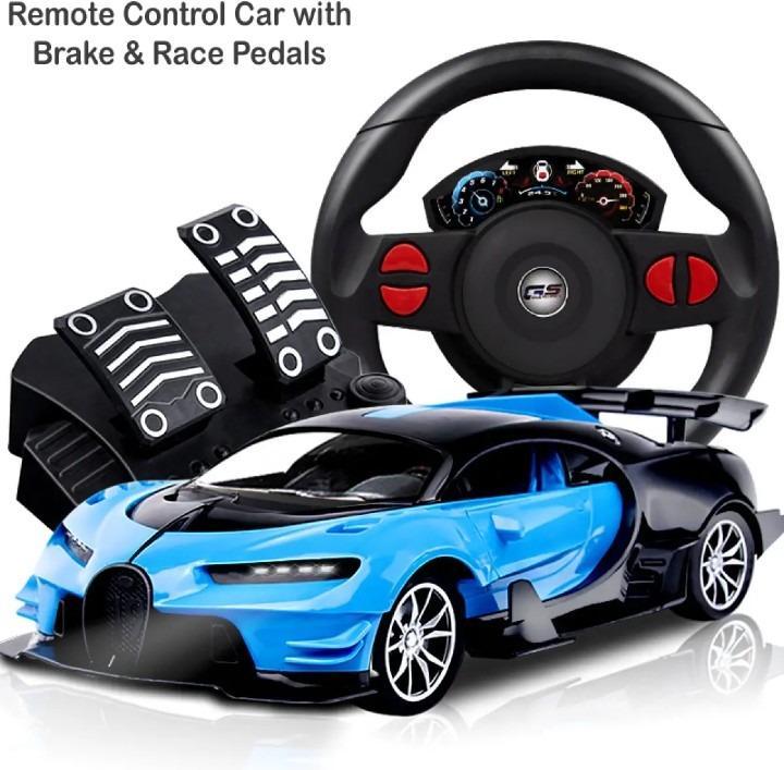 RC car toy with steering wheel set for kids blue black racing car with pedals and lights for indoor outdoor play