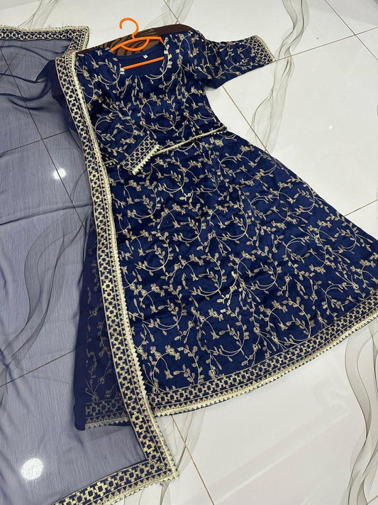 Girls blue embroidered raw silk 3 piece dress with dupatta, elegant kids outfit for Eid, weddings and festive occasions in Pakistan