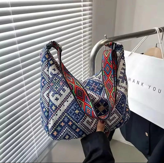 Boho pattern shoulder bag by Swift Mart with colorful strap and spacious design for stylish everyday use