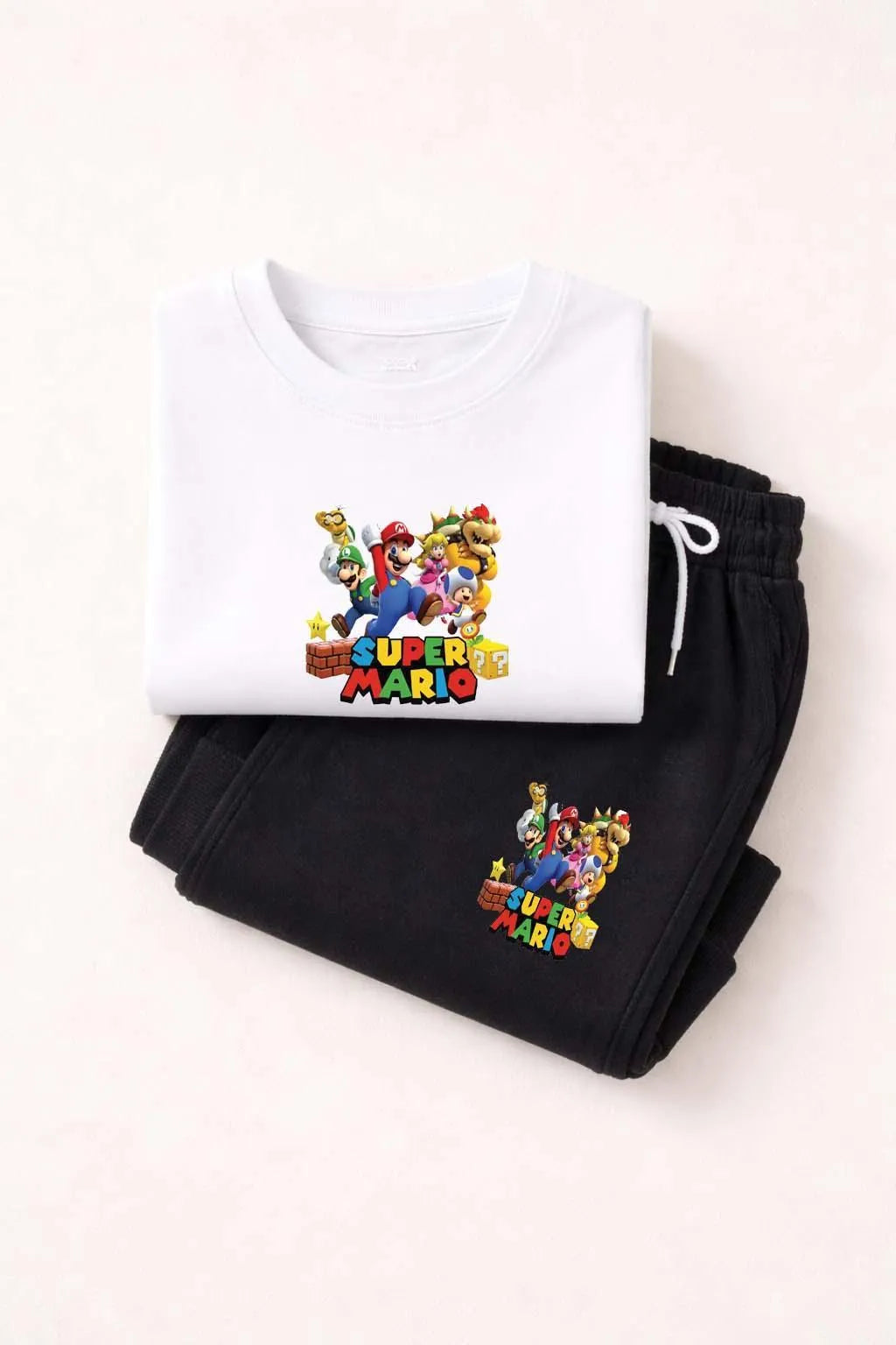 Boys white printed polyester t shirt and trouser set, comfortable summer outfit with cartoon print for casual wear and playtime