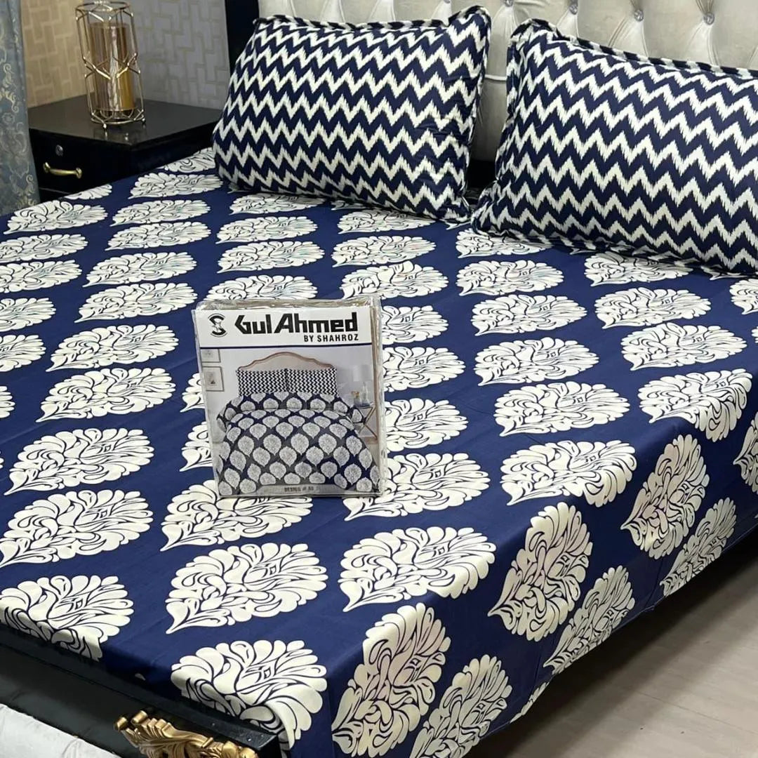 Blue cotton salonica printed bedsheet 3pc double bed set with pillow covers soft breathable durable comfortable home bedding