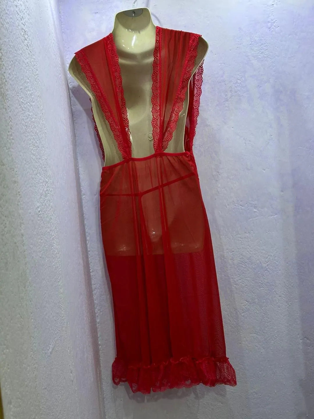 Red sheer lace nightgown with ruffled hem lightweight breathable nylon mesh sleepwear elegant design for bridal and nightwear use