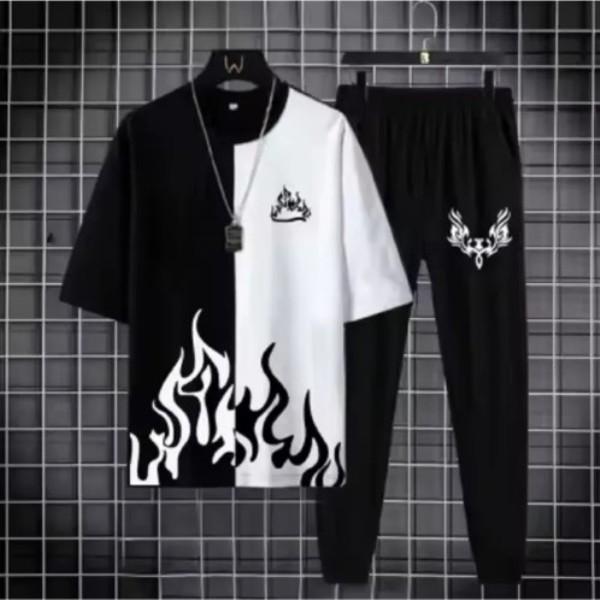 Men black polyester flame print 2pc tracksuit with round neck shirt and trousers for summer casual and semi formal wear