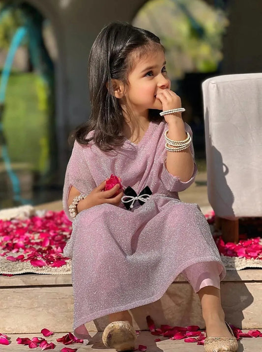Girls pink textured jersey frock with trouser set, stylish outfit with bow for Eid parties and festive wear for kids