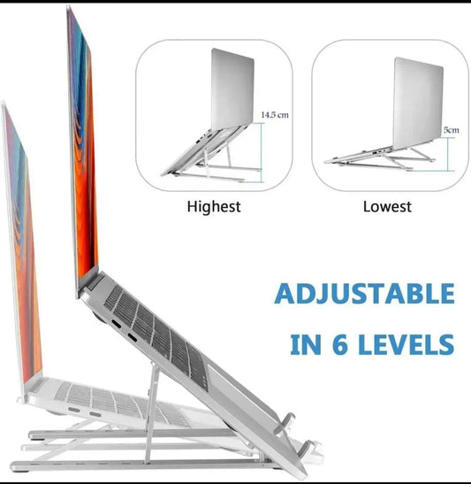 Foldable aluminium laptop stand silver portable holder, adjustable ergonomic stand for laptop cooling home office and travel use