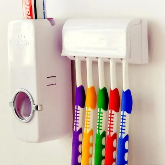 Toothpaste dispenser holder wall mount bathroom organizer white, toothbrush storage unit for family bathroom space saving use