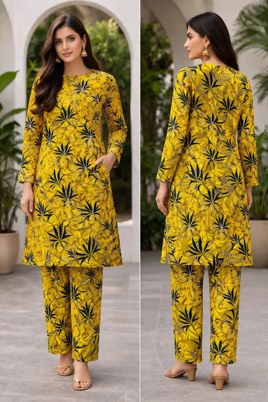 Yellow printed polo cotton 2 piece suit for women casual wear soft breathable fabric matching shirt and trouser set