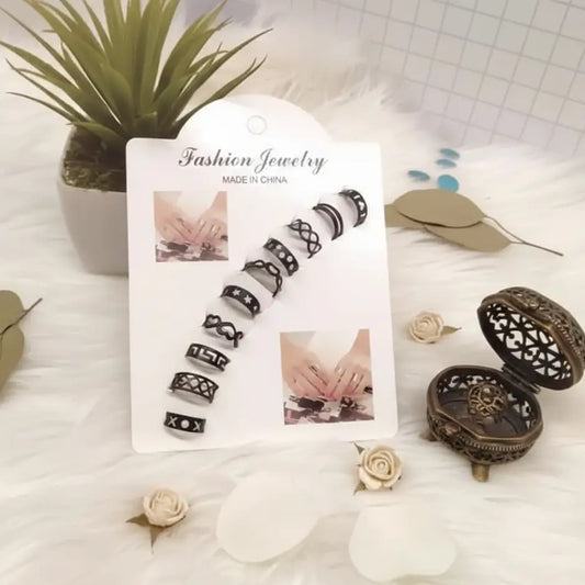 SwiftMartStore.pk 10 Pcs Adjustable Alloy Rings Set – Black, Golden & Silver Stackable Rings for Women & Girls