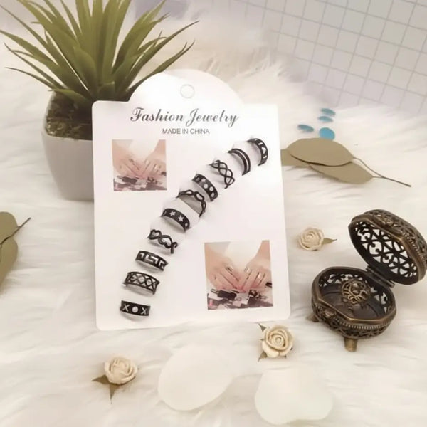 SwiftMartStore.pk 10 Pcs Adjustable Alloy Rings Set – Black, Golden & Silver Stackable Rings for Women & Girls