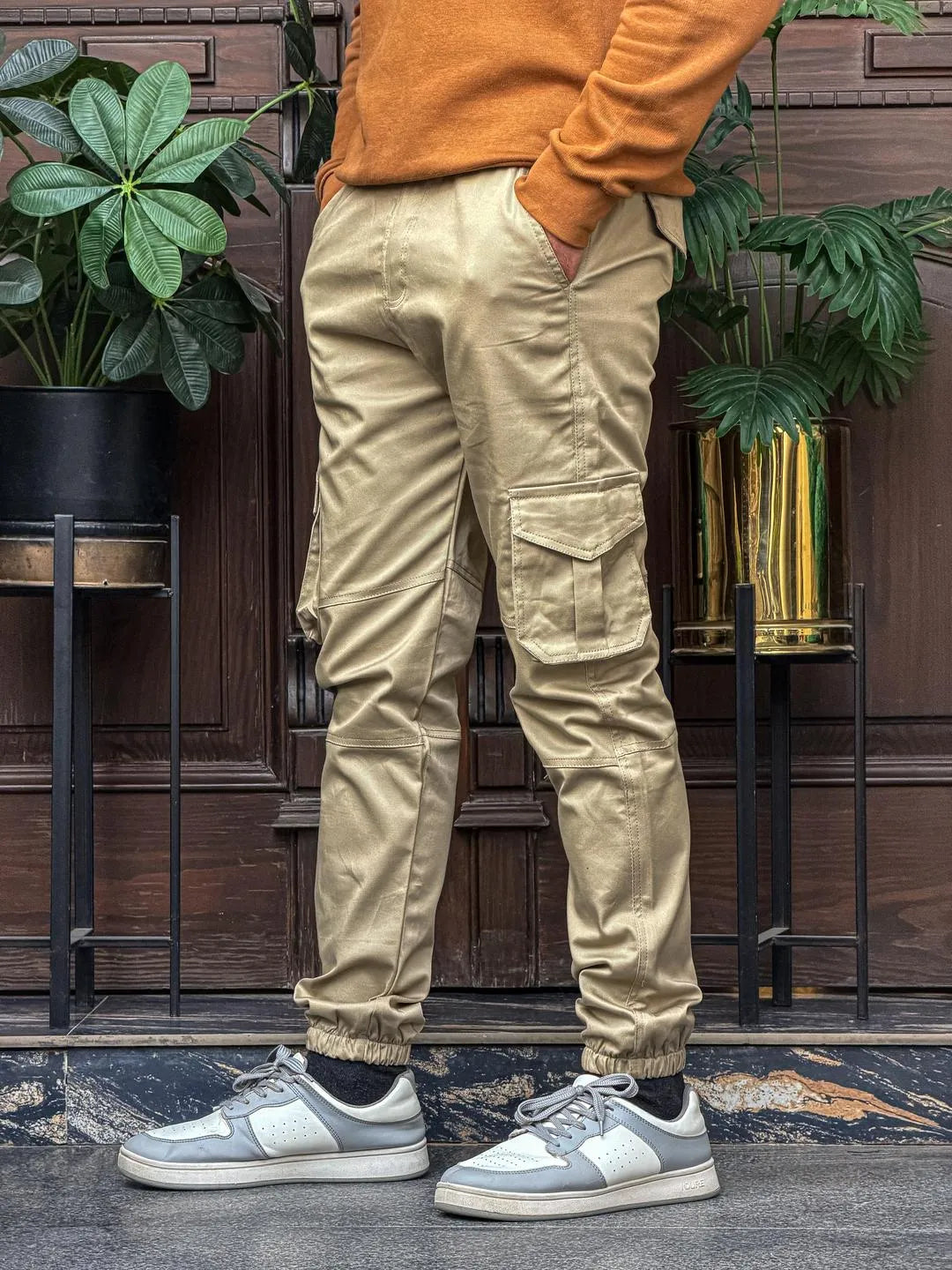 Men beige cotton plain cargo pants regular fit for casual wear travel and daily use in Pakistan with comfortable style