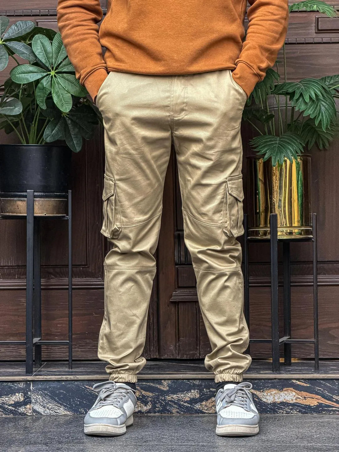 Men beige cotton plain cargo pants regular fit for casual wear travel and daily use in Pakistan with comfortable style