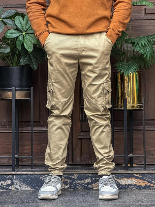 Men beige cotton plain cargo pants regular fit for casual wear travel and daily use in Pakistan with comfortable style