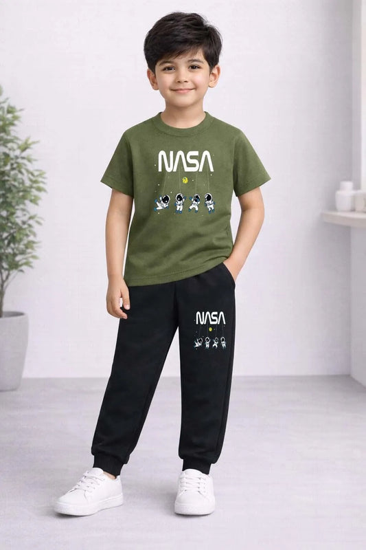 Boys green printed cotton shirt and trouser set, soft breathable outfit for kids casual wear daily use and summer comfort