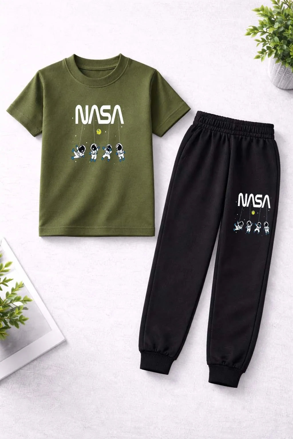 Boys green printed cotton shirt and trouser set, soft breathable outfit for kids casual wear daily use and summer comfort