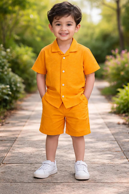 Boys orange plain Dhanak shirt and shorts set, soft comfortable outfit for babies daily wear and casual use