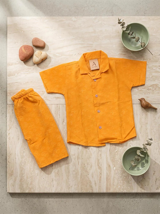 Boys orange plain Dhanak shirt and shorts set, soft comfortable outfit for babies daily wear and casual use