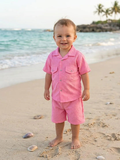Boys pink plain Dhanak shirt and shorts set, soft comfortable outfit for babies daily wear and casual use