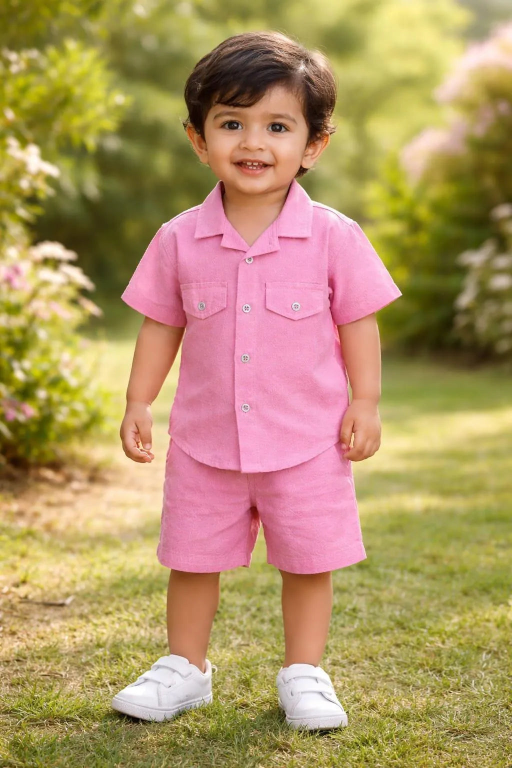 Boys pink plain Dhanak shirt and shorts set, soft comfortable outfit for babies daily wear and casual use