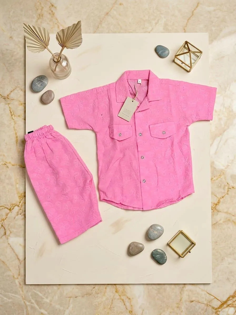 Boys pink plain Dhanak shirt and shorts set, soft comfortable outfit for babies daily wear and casual use