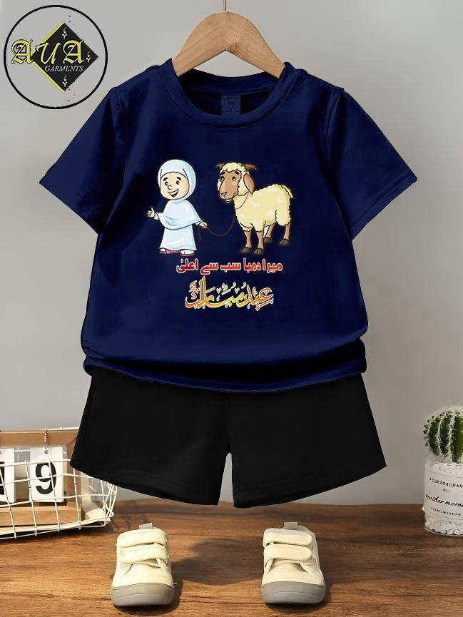 Kids blue printed cotton jersey t shirt and shorts set, comfortable summer outfit for boys and girls casual and Eid wear