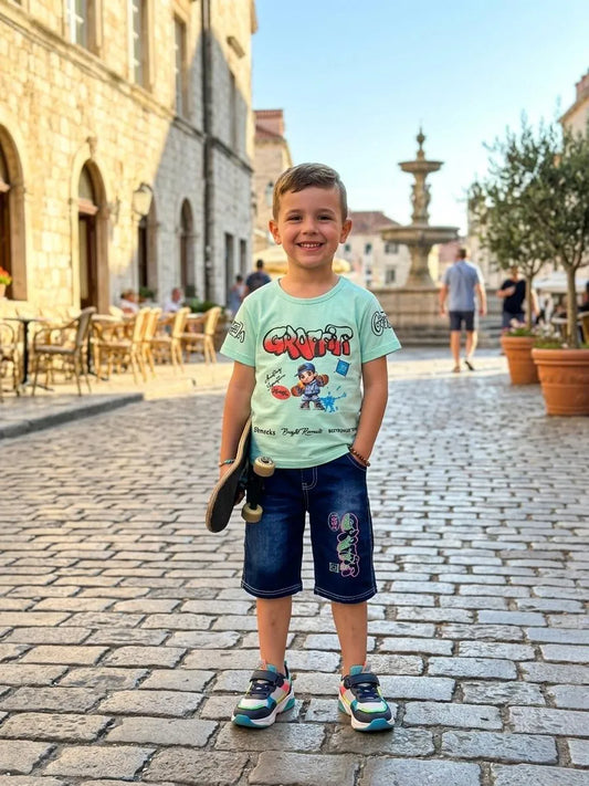Boys multicolor printed cotton jersey shirt and shorts set, soft breathable summer outfit for babies and toddlers casual wear